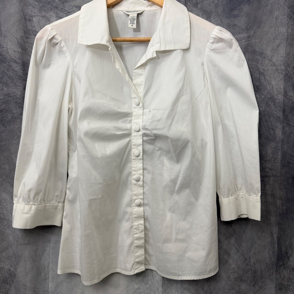 Banana Republic White Ruched 3/4 Puff Sleeve Button Down Medium Feminine Office